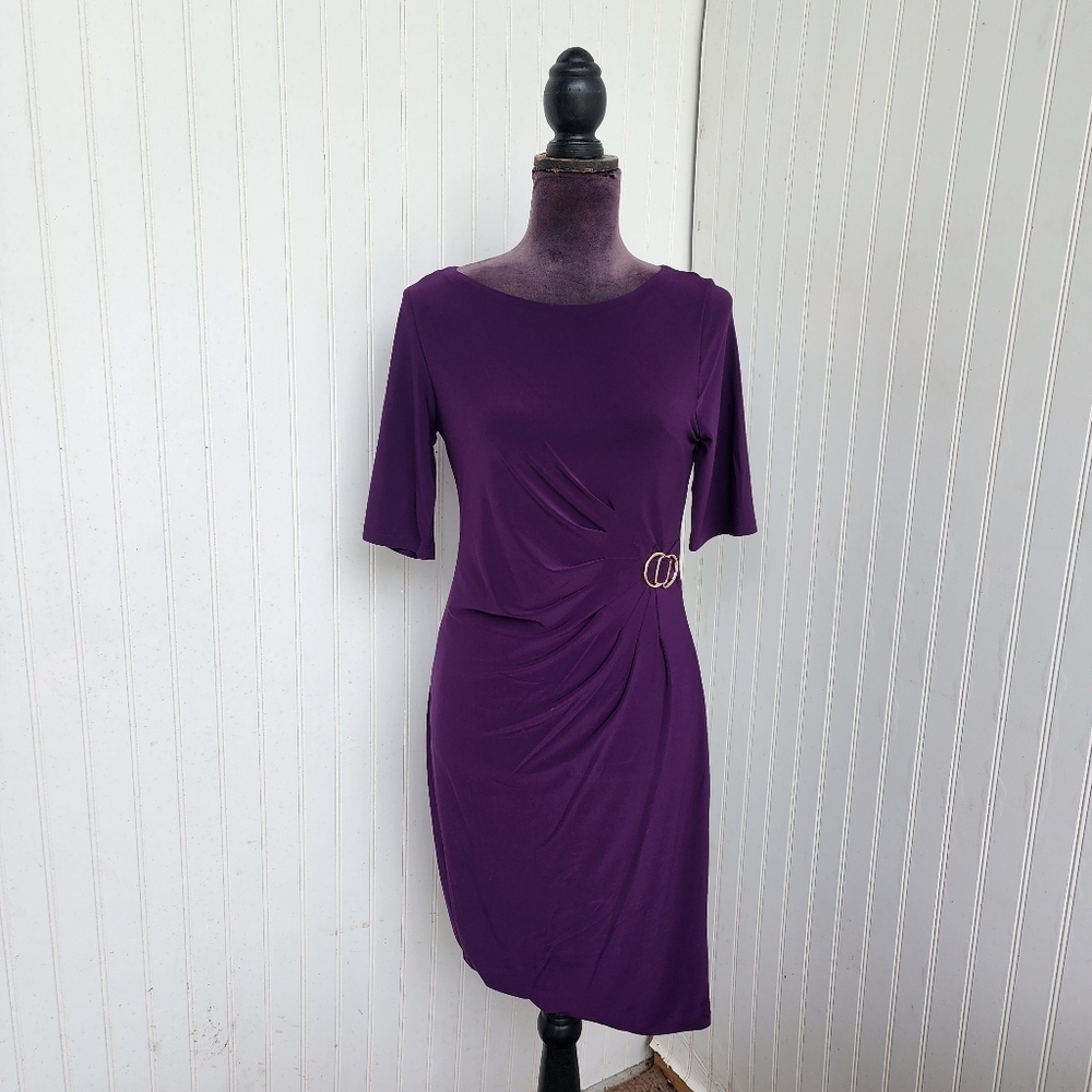 JH Women's Short Sleeve Fit Flare Stretch Purple Berry Dress Rutched Size 6